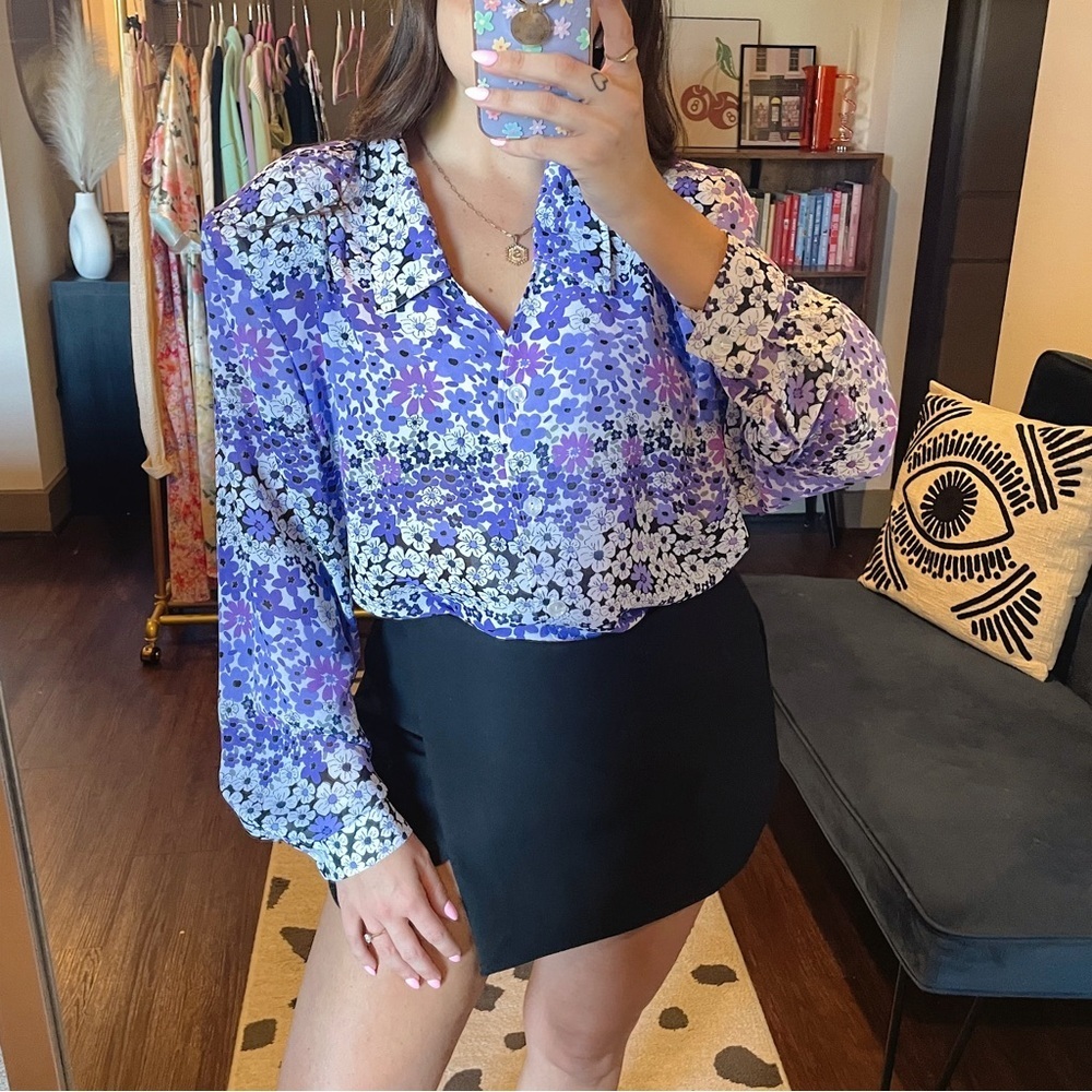 Vintage Purple Floral Long Sleeve Blouse
